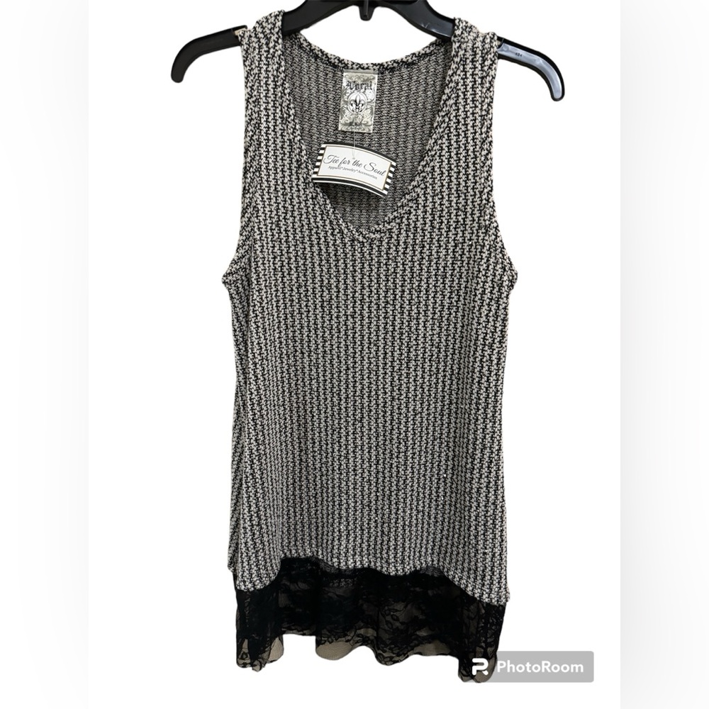 Black and White Sleeveless Bling Top with Lace bottom. Size Small